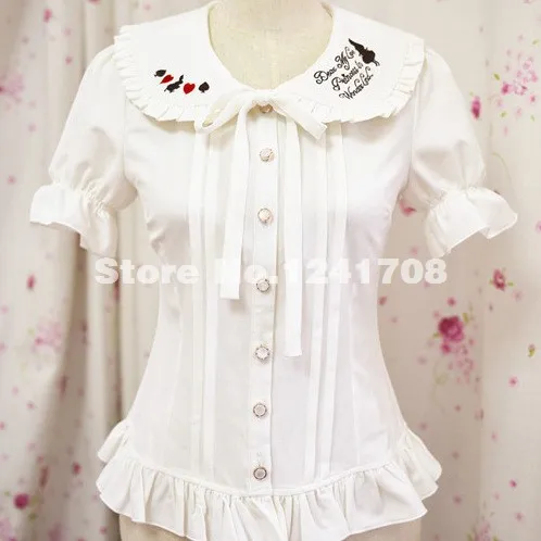 

2016 Brand New Embroidered Lolita Chiffon Blouse Summer Short Sleeve Peter pan Collar Women Shirt Cute White/Pink Girls Blouse