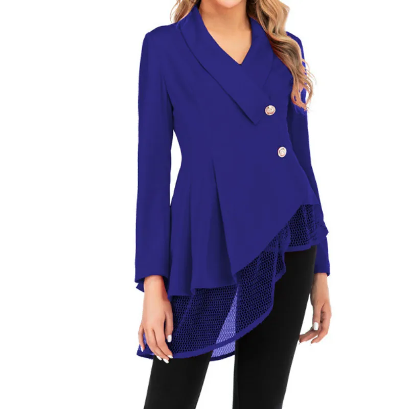 S-3XL Women New Mesh Hem Fashion Work Office Suit Fashion Long Sleeve V Neck Formal Red Black Elegant Office Lady Blazers Top