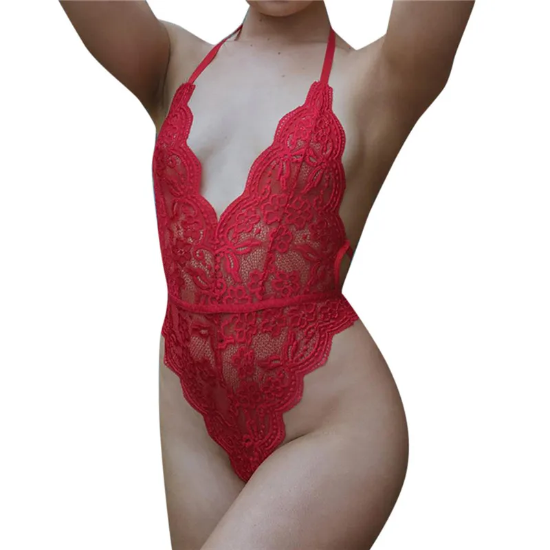 Женский кружевной комбинезон, Модный женский сексуальный кружевной комбинезон без рукавов с открытой спиной, глубокий v-образный вырез, боди, вечерние комбинезоны - Цвет: Красный
