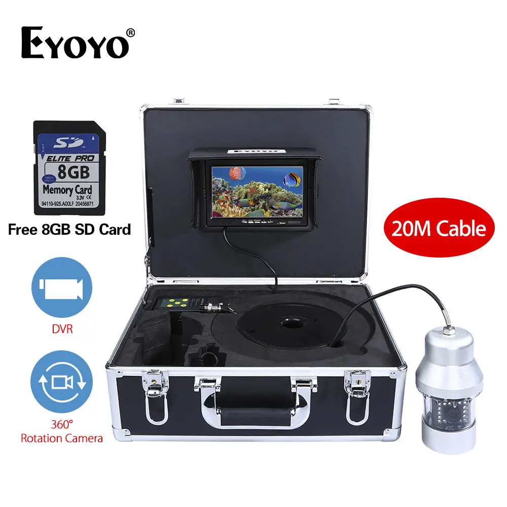 

EYOYO F08 7" 1000TVL 20M TFT LCD Screen DVR Underwater Fishing Camera 18 LED High White Light 360degree Fish Finder