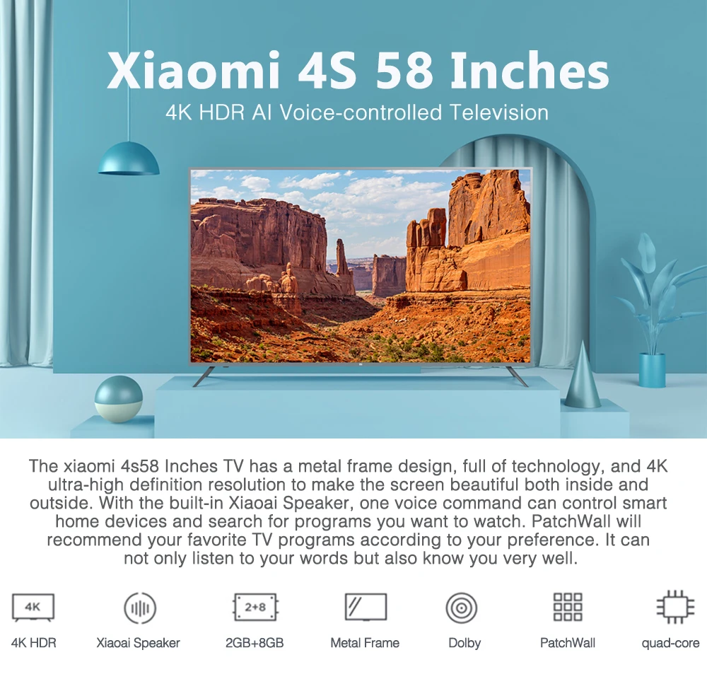 Xiaomi tv 4S 58 дюймов 4K HDR 2 ГБ 8 ГБ Smart tv Голосовое управление встроенный Xiaoai динамик Dolby Audio tv