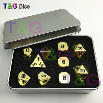 

10pcs/set Golden Color Metal Dice D4 3xD6 D8 D10 D12 2xD20 with Iron Box Polyhedral Digital for Rpg Game