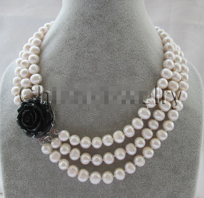 

E466 I08 FREE shipping>>>>>>3row 17-19" 10mm white round freshwater pearl necklace - black flower GP clasp new