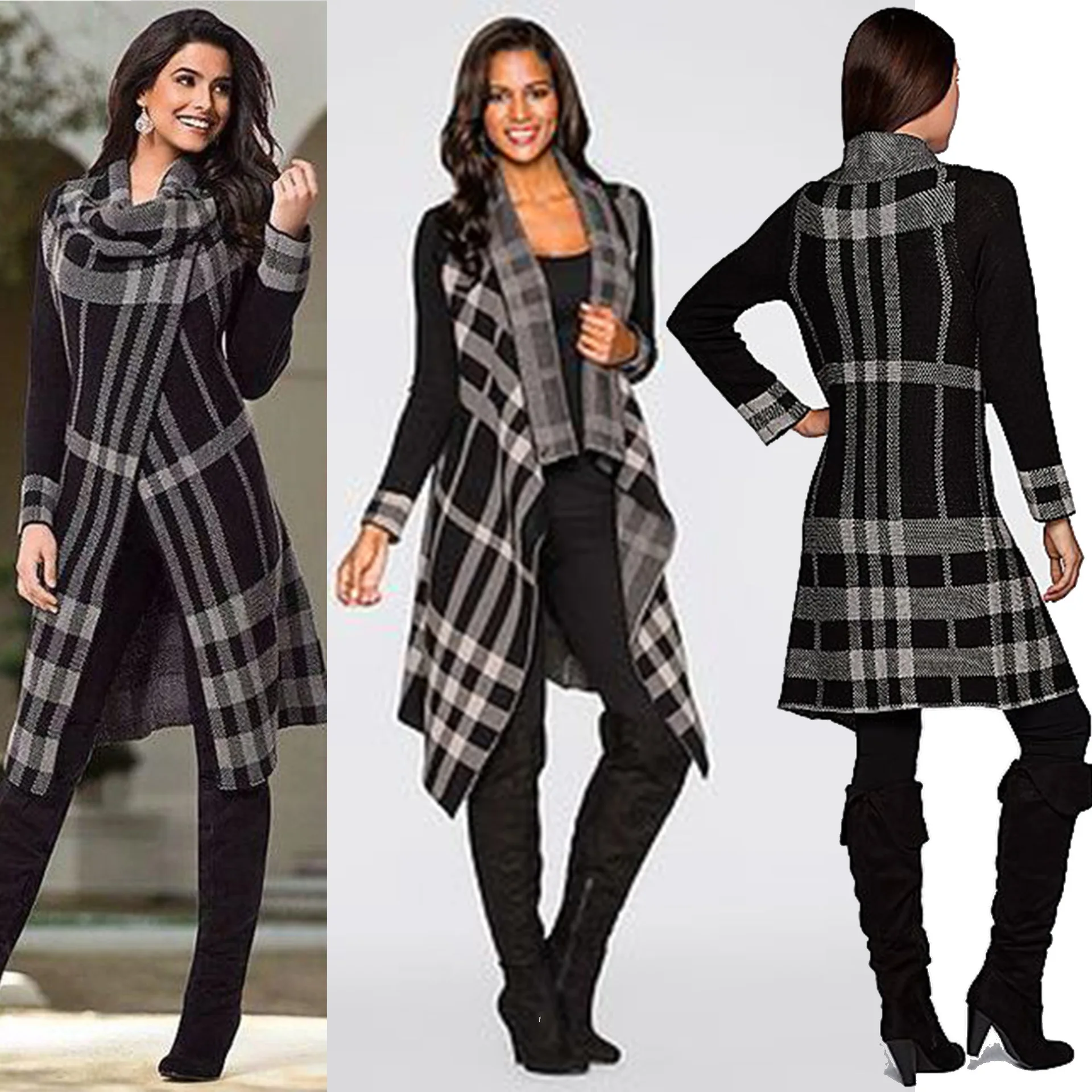 women fashion plaid long sweater Winter cardigan woolen sweaters button opening black/white woven knit outwear long sweater Sweaters