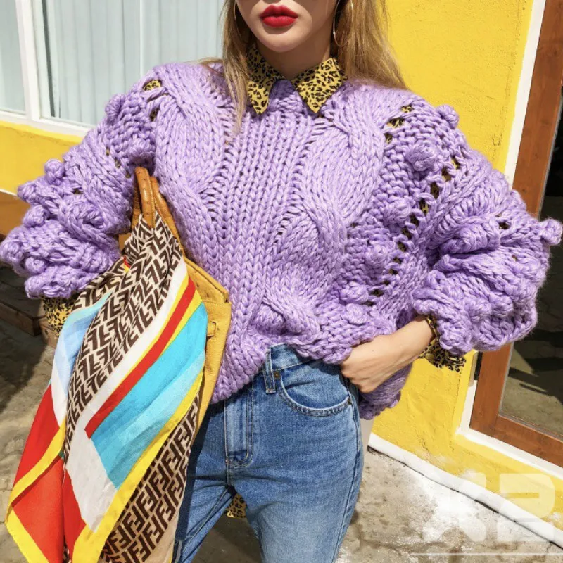 

Retro Hand-woven 3D Flowers Balls Pullovers Twist Hook Sweater O-Neck Long Sleeved Knitted Crocheted Shirts Tops
