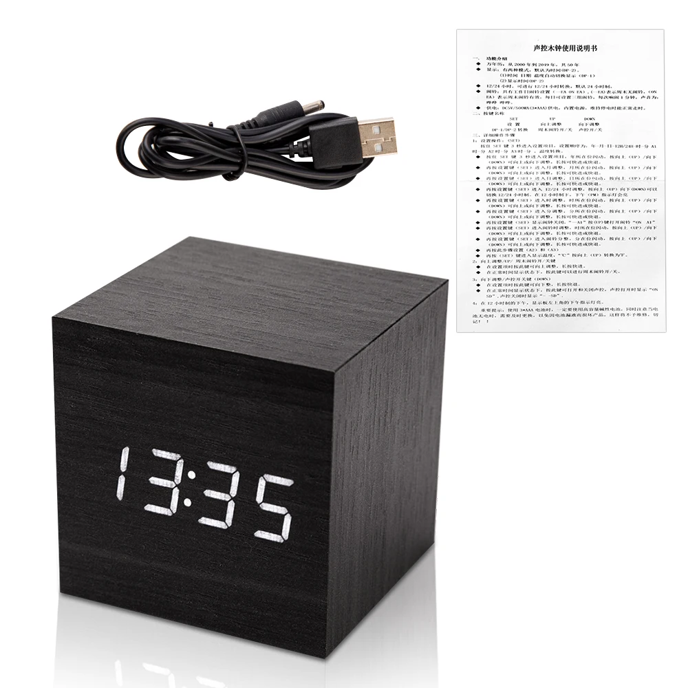 Кубические деревянные бамбуковые часы цифровой светодиодный Настольный будильник термометр управление звуками светодиодный дисплей календарь украшение офиса