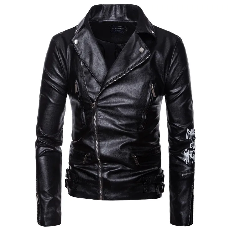 New Boutique Leather Jacket Men Zippers Printed Punk Leather Jacket