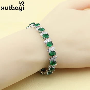 

Hot Sell Fashion Silver Color Jewelry Green Imitated Emerald White Austrian Crystal Chain-Link Bracelet length 18+2cm For Women
