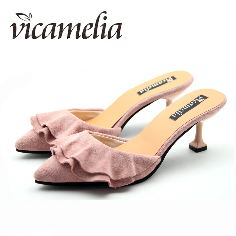 

Vicamelia Woman Flounce Middle Heel Pumps Slippers Shallow Ladies Slides Sandals Pointed Toe Mules Female Temperament Shoes 012