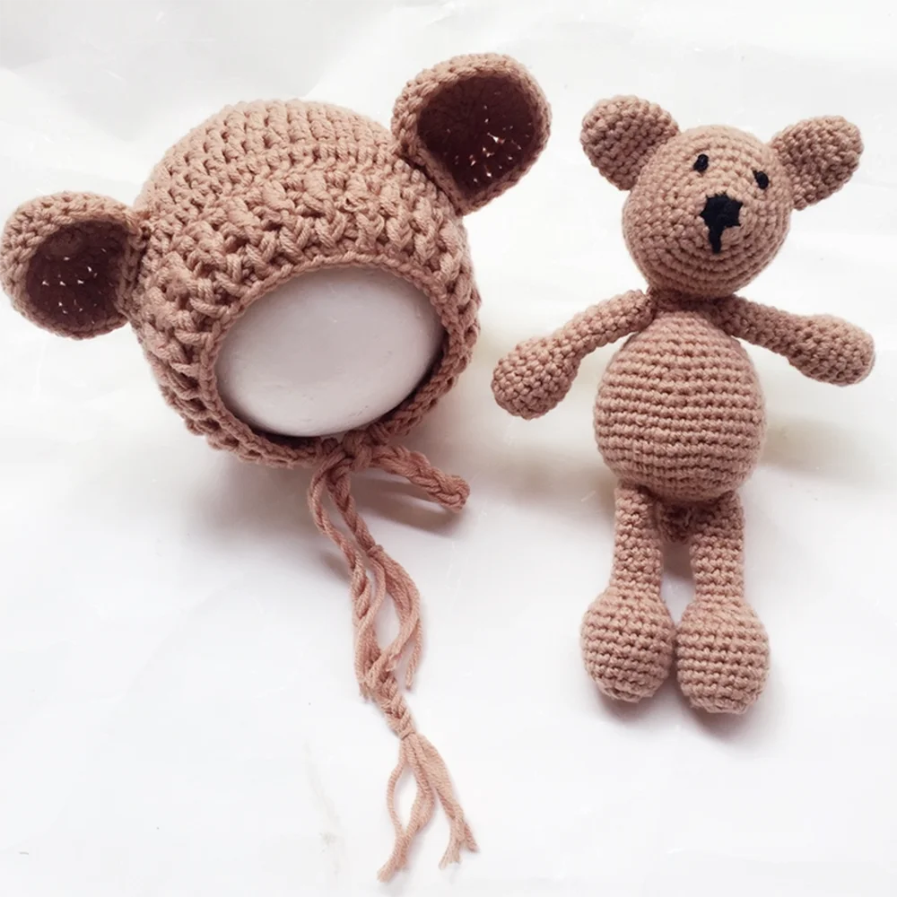Детская шапочка-медвежонок, реквизит для фотосессии, вязаная шапка с мишкой Тедди, вязаная крючком шляпа для новорожденных с цветами, шляпа для маленьких девочек, реквизит для фотосессии с мишкой из хлопка