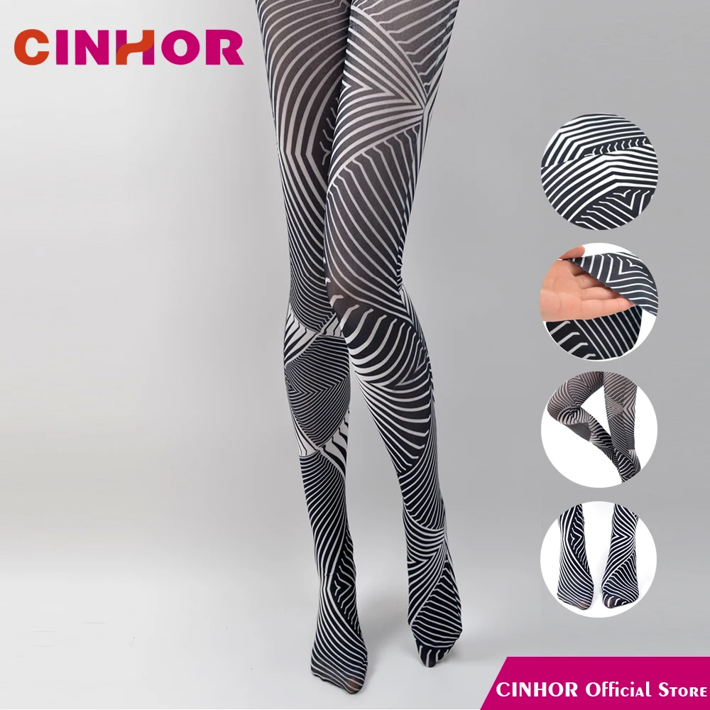 

CINHOR Original Design Black And White Striped Gradient Stockings Spring And Autumn Retro Print Women Tide Thin Hip
