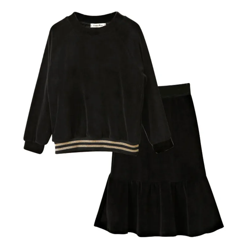 En Ligne 4 à 16 ans enfants adolescent grandes filles noir velours manches longues blouse avec queue de poisson flare jupe 2 pièces ensemble velours vêtements