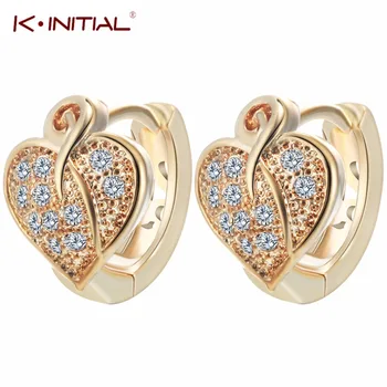 1Pair Charming Gold Plated Heart Leaf Clover Micro Pave Crystal Leaves Hugging Small Hoop Earrings For Women Kids Girls Jewelry