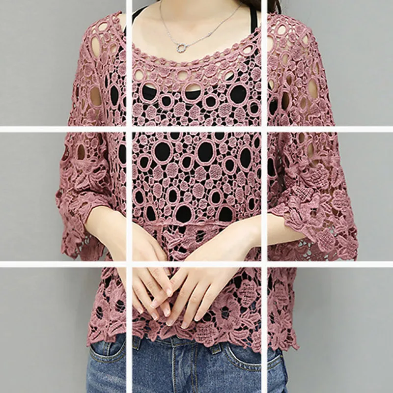 Loose Vintage Lace Ladies Blouse Crochet Summer Blouse Women Tops And Blouses 2018 Hollow Out Lace Shirt For Women Sexy Shirt Blouses