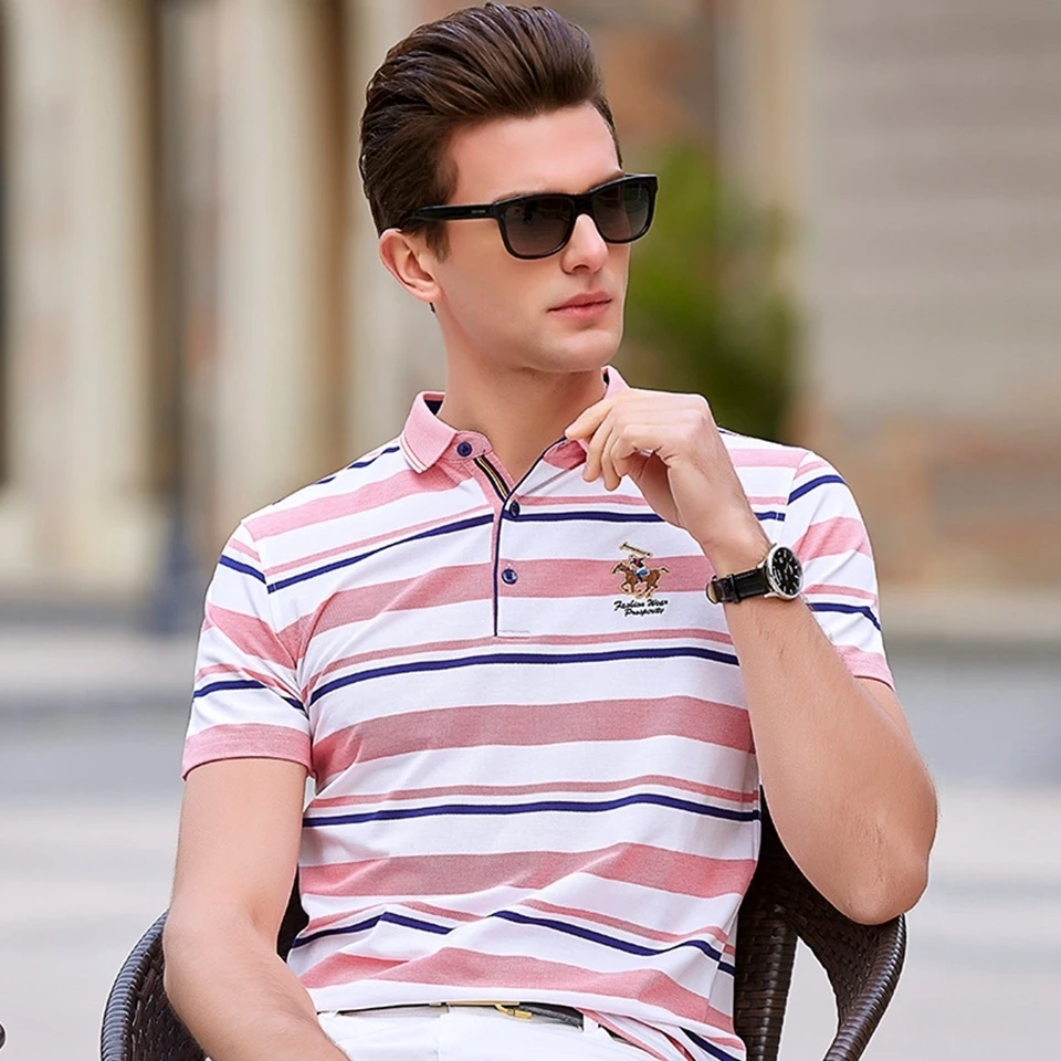 Мужская рубашка поло с коротким рукавом, 95% хлопок+ 5% спандекс, дышащая, летняя, мужская,, полосатая, розовая, серая, синяя, Пике, мужская рубашка Поло
