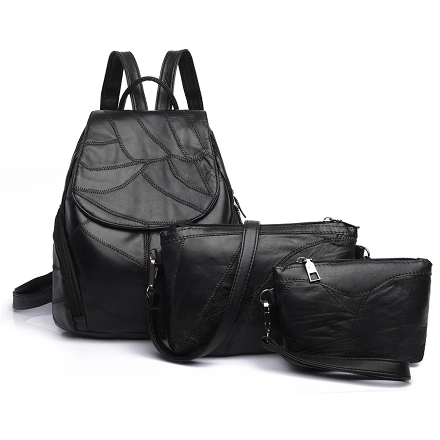 

Bag Three-Piece Suit Women Backpack Casual Shoulder Bags PU Leather Black High Quality Backpack High Capacity Women Bag Backpack