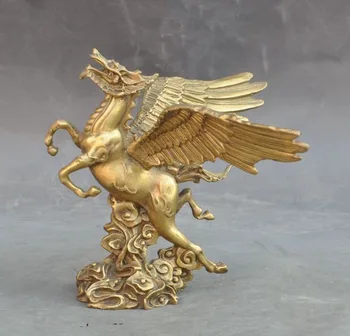

Christmas Lucky Chinese Brass fengshui Success Animal Dragon Head Fly Wings Horse Statue Halloween