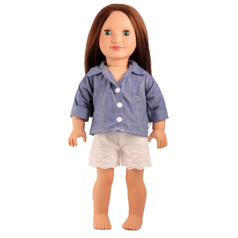 

Hot Sell 45 cm American doll clothes blue jean jacket match white lace pants Casual Outfits Doll Clothes for 18 inch Girl Doll