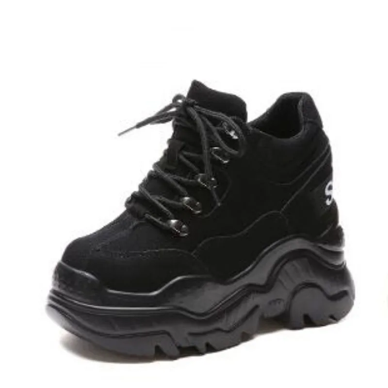 Najtaniej 2019 wiosna wysokie buty na platformie 12CM szpilki kobiety gruba podeszwa buty skórzane trampki na koturnie wodoodporne oddychające buty na co dzień