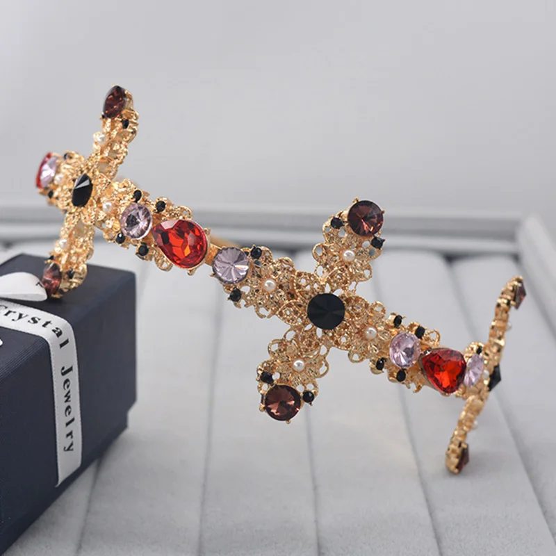 

Princess Baroque headband Crown For Girl Women Wider Than Vintage Metal Red Cross Wind Flower Tiara Bridal Accessories
