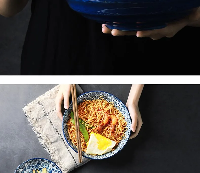 Японский стиль винтажная керамическая посуда Ramen чаша синий и белый фарфоровая чаша фруктовый салат большие чаши домашние кухонные