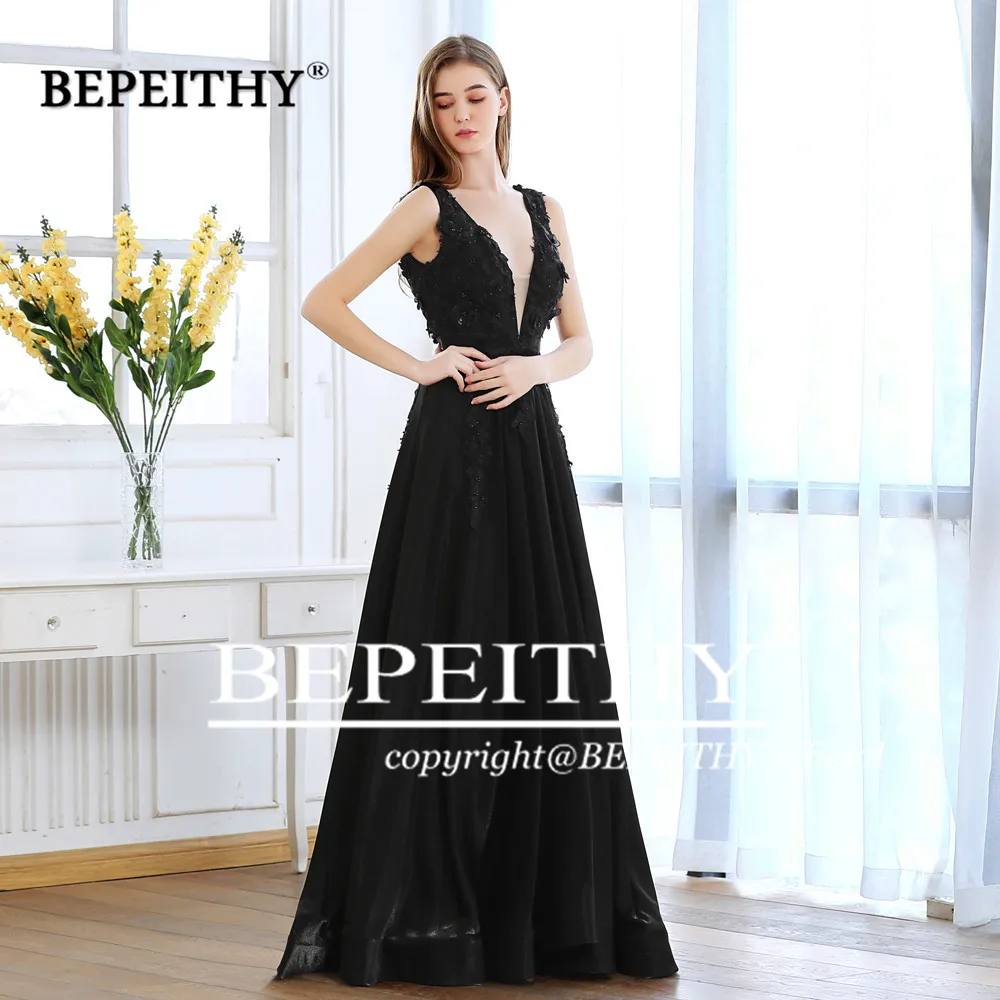 BEPEITHY Сексуальное Черное длинное вечернее платье с открытой спиной, вечерние элегантные кружевные лиф, длина до пола, глубокий v-образный