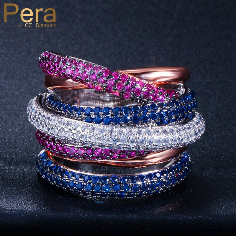 

Pera Luxury Royal Unisex Engagement Prom Party Big Statement Rose Red Blue Round Shape Cubic Zirconia Finger Ring for women R085
