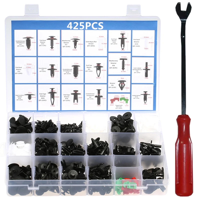 

425pcs Car Retainer Fastener Clip Plastic Fasteners Kit 18 Sizes Auto Push Pin Rivets Set Trim Panel clips automobile voiture