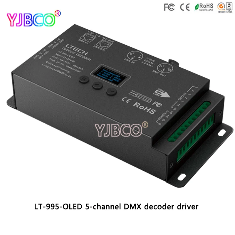 

LTECH LED driver LT-995-OLED 5-channel DMX decoder for RGB/RGBW led strip lamp DC12-24V 6A*5CH Max 30A output