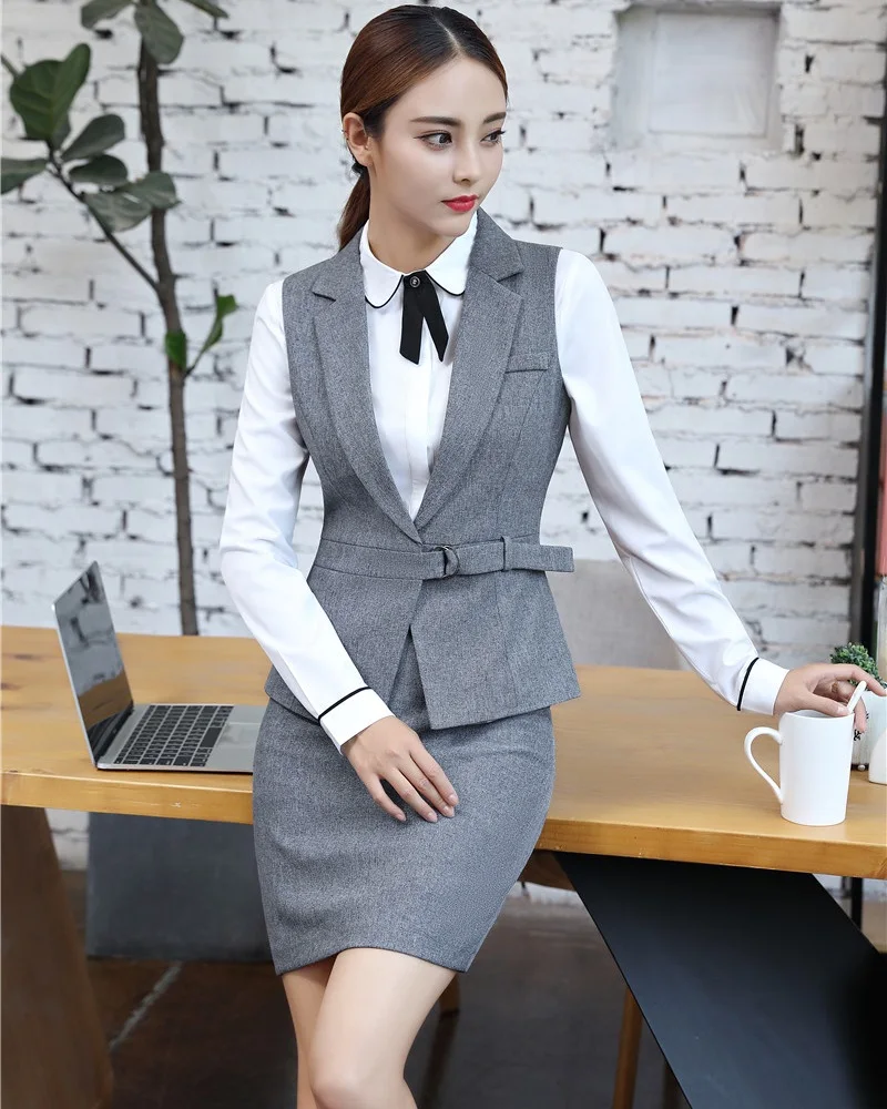 2 Piece Sets Women Skirt and Top Sets Ladies Grey Waistcoat & Vest