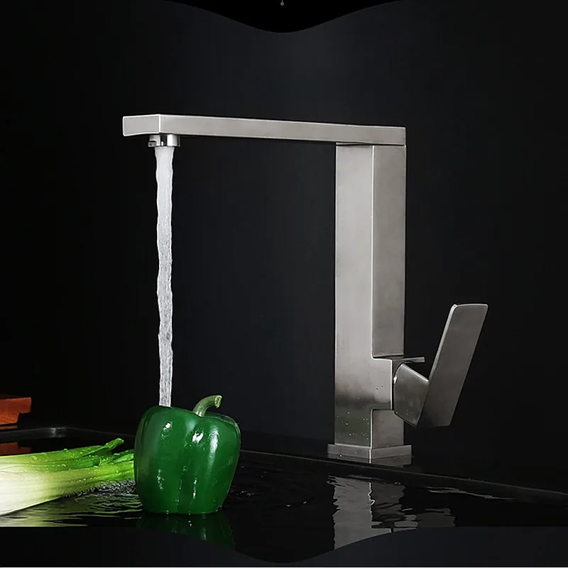 Factory Direct New Arrival Solid Stainless Steel Square Cooby Wide UZI Swivel Brushed Kitchen Laundry Flick Mixer Tap Faucet |