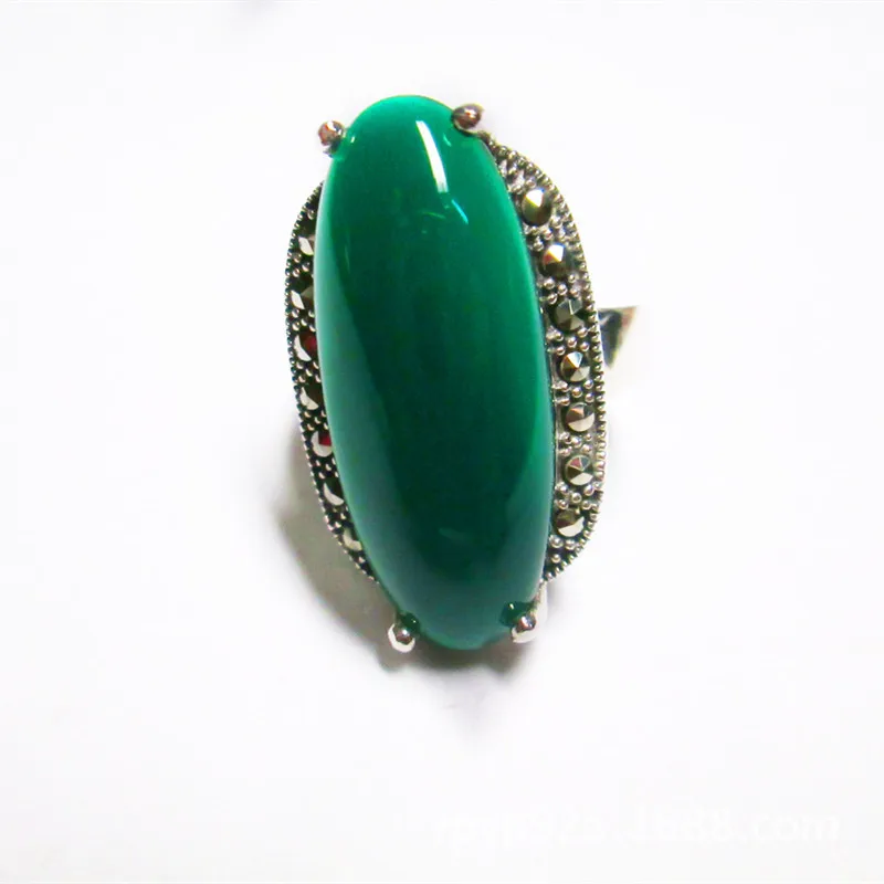 

Thai silver restoring ancient ways S925 pure silver ornaments women's exaggerated green agate Mosaic ring