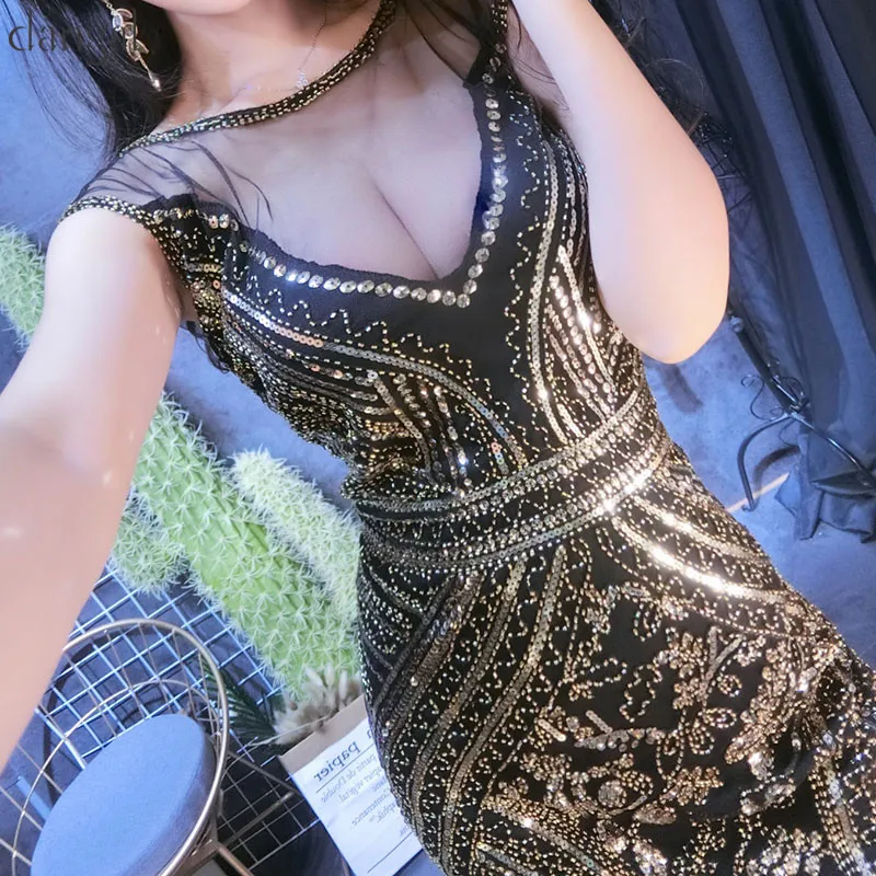 Длинное сексуальное облегающее платье с пайетками, с вышивкой, со звездами, прицельное платье с блестками, обтягивающие платья, праздничные прозрачные сетчатые Клубные вечерние платья