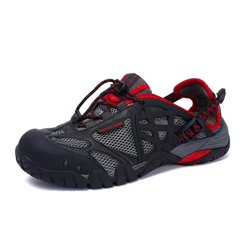 Брендовые мужские летние сетчатые сандалии размера плюс 35-47, унисекс стиль, мужская и женская дышащая повседневная обувь, пляжные водонепроницаемые сандалии - Цвет: Men Black Red