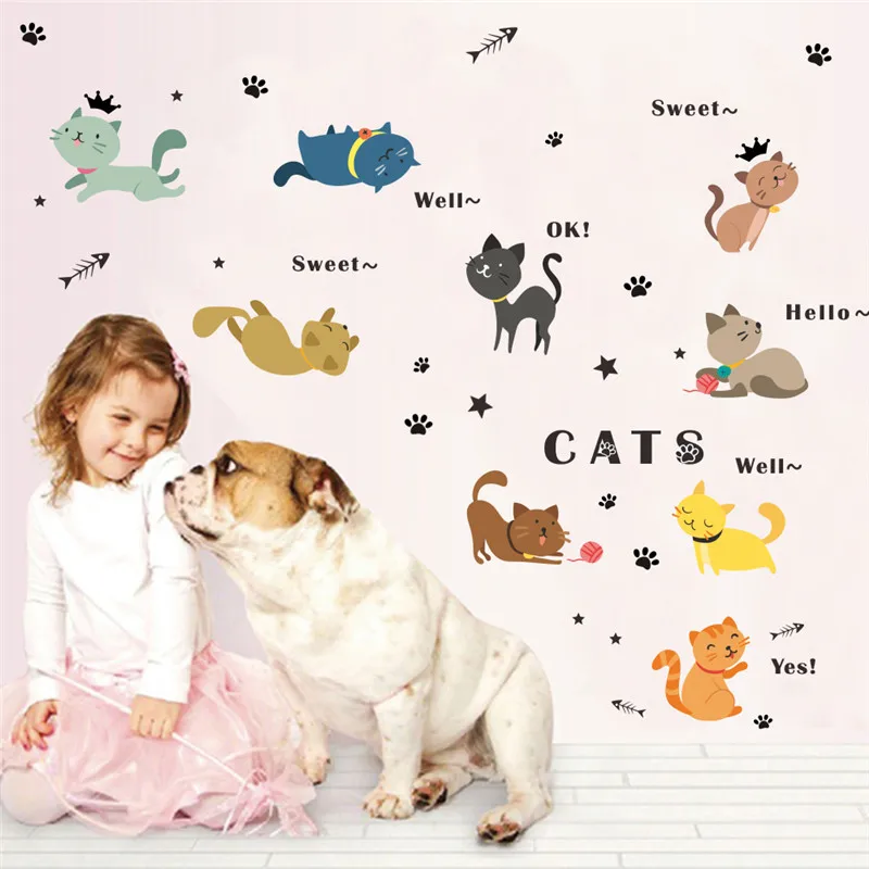 DIY девять кошек играющих в детскую комнату настенный стикер Kawaii мультяшный