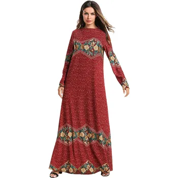 

2019 Women Muslim Abaya O Neck Long Sleeve Red Printed Flower Dress Ramadan Islamitische Kleding Caftan Marocain