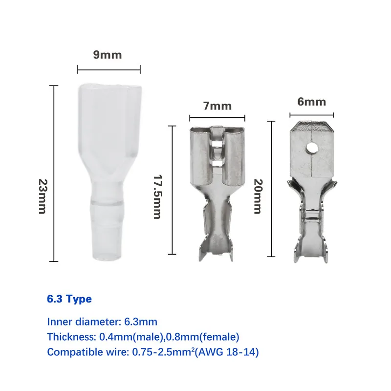 100 шт Серебряный обжимной Лопата клеммы комплект 2,8/4,8/6,3 мм Женский/мужской разъемы с 100 шт изоляционные муфты 22-16 AWG - Цвет: 6.3mm