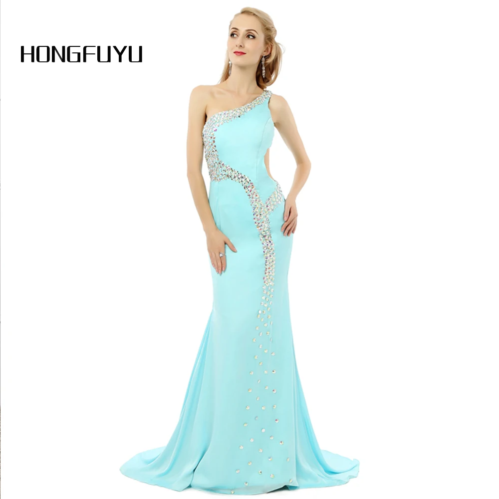 Robe De Soiree כתף אחת סאטן ארוך שמלות ערב 2017 אופנה נשים סקסיות שמלות חרוזים ערב כותנות מפלגה N81704