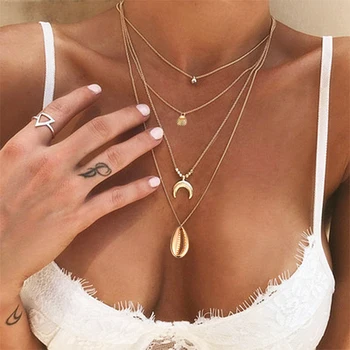 

FAMSHIN Bohemian Shell Multi layer Necklaces For Women Girl Fashion Gold Sliver Color Long Moon Pendant Necklace Collar Jewelry