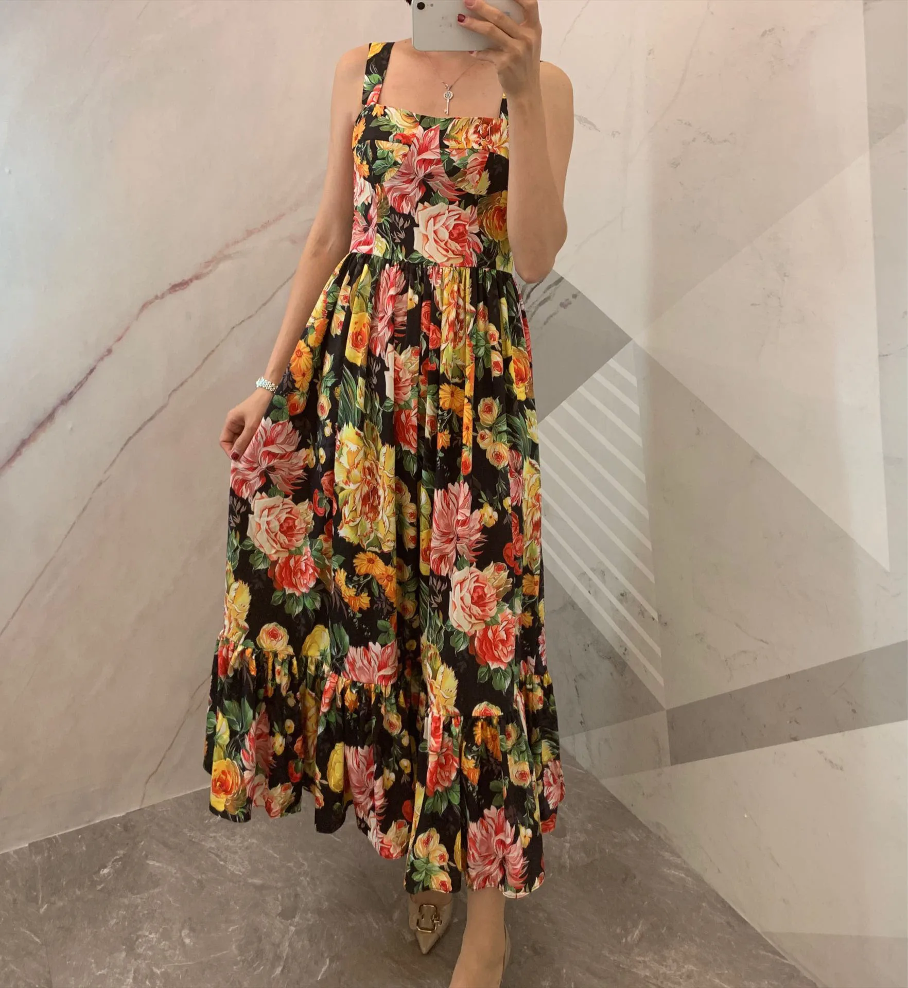 

Luxury brand 2019 New Fashion Ruffles Vintage Clothes Summer Women Sexy Sleeveless Spaghetti Strap Printed Ankle Length Dress