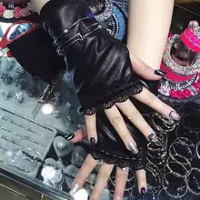 Женская Черная эластичная кожаная Лоскутная кружевная перчатка дамские сексуальные перчатки без пальцев R316