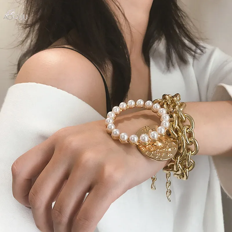 

AOMU Vintage Crab Carved Coin Bracelets Bangles Charm Bohemia Imitation Pearl Round Circle Pendant Bracelets for Women Jewelry