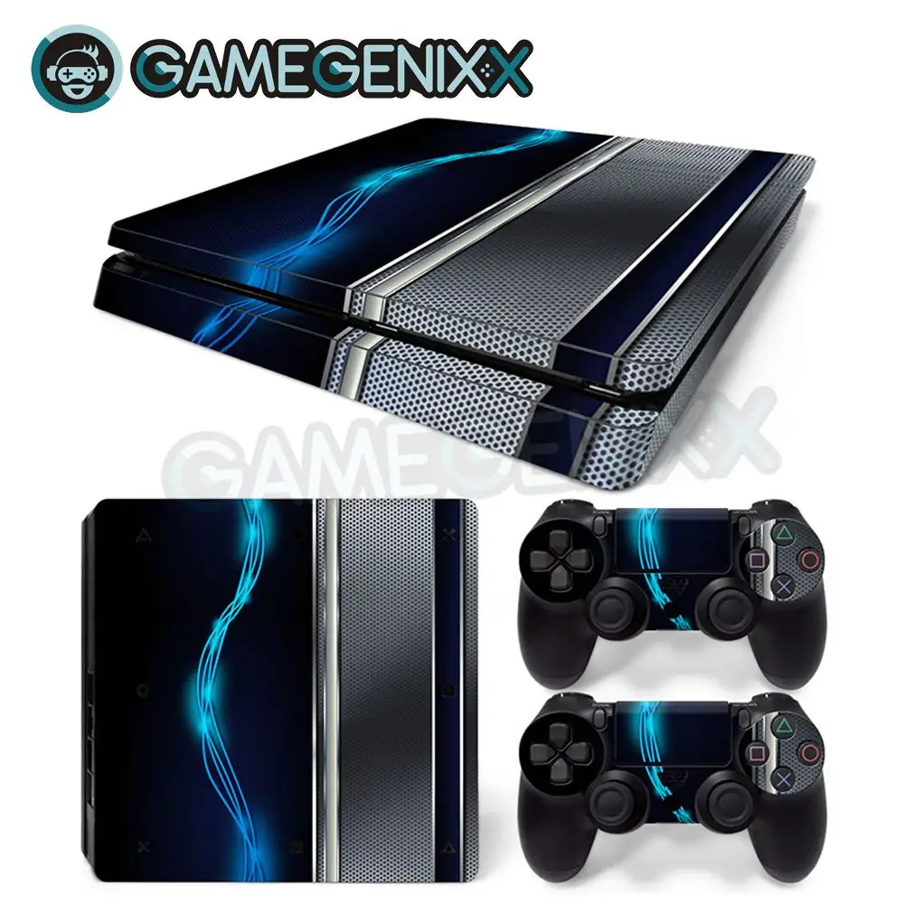 

GAMEGENIXX Skin Sticker Vinyl Decal for PS4 Slim Console and 2 Controllers - Blue Silver Metal