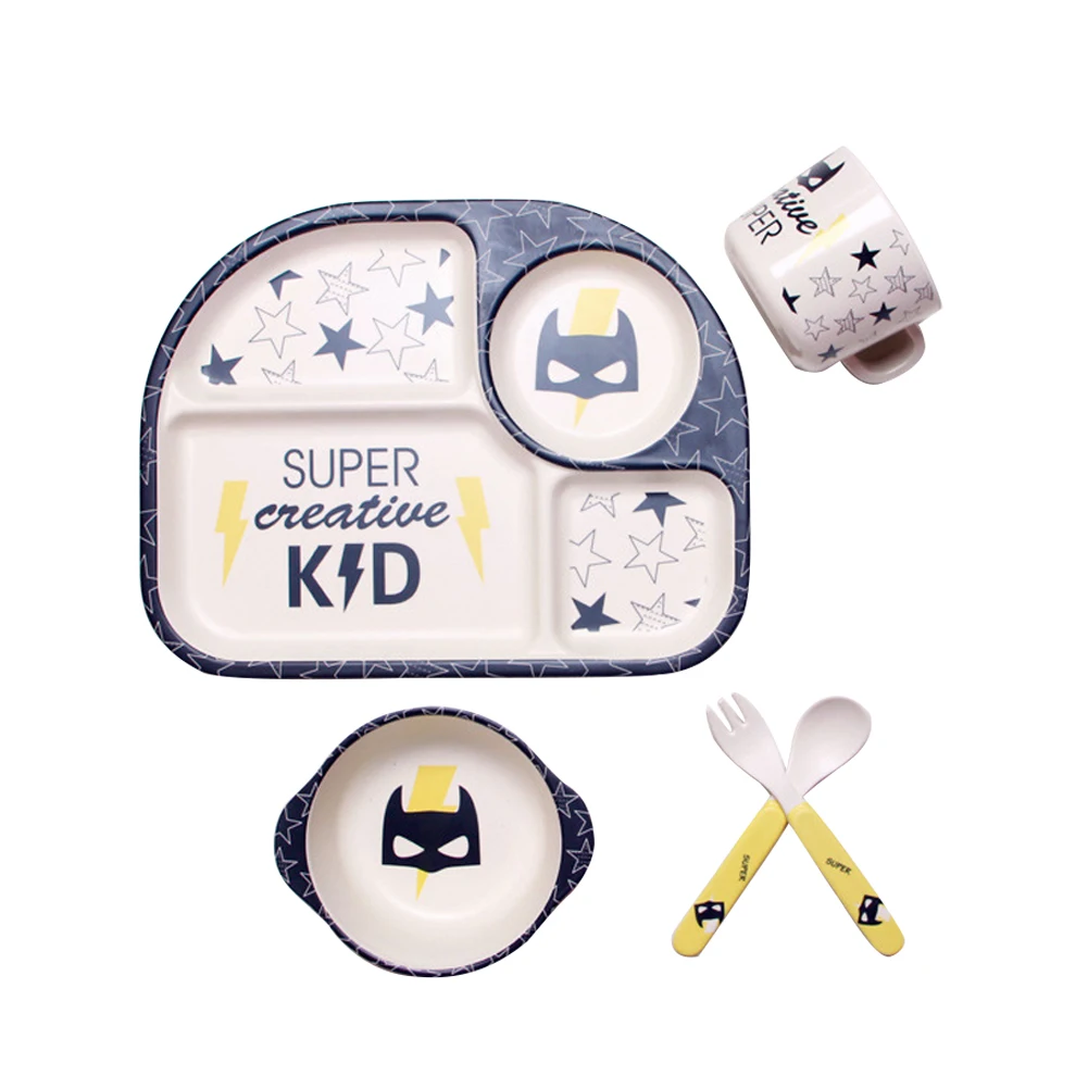

5Pc/Set Baby Dishes Fork Animal Plates Feeding Cartoon Bowls Children Tableware Sets Dinnerware Bamboo Fiber Non Toxic Spoon Cup
