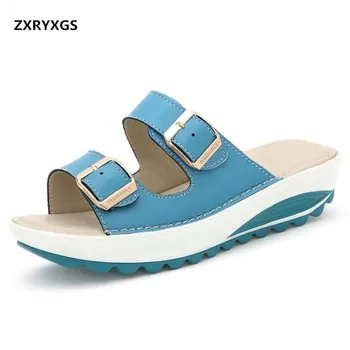

2019 New Fashion Genuine Leather Shoes Woman Slippers Summer Sandals Non-slip Wear-resistant Ladies Casual Sandals Slippers