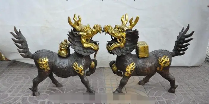 

S00018 chinese bronze gilt Kirin Unicorn Kylin dragon head Guardian beast lucky statue (B0413)