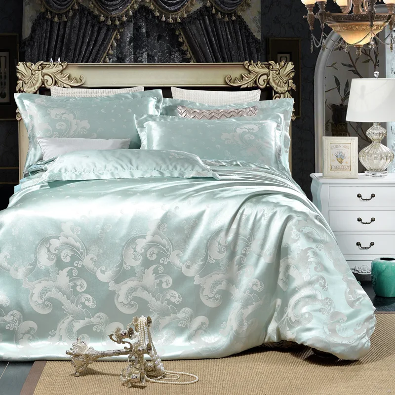 Satin Jacquard Ice blue Bedding Set Bed linen duvet cover Set 4pcs King