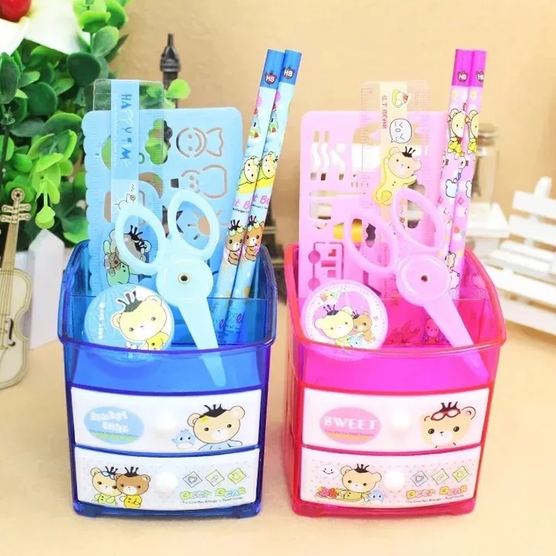 

1 Set Cute Stationery Set Cartoon Animal Bear Drawer Style Pen Holder with Pencil Sharpener Ruler Scissor Stationery Holders