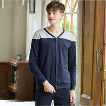 Весенняя Домашняя одежда, мужские повседневные пижамные комплекты, Мужской Хлопковый пижамный комплект, мужской кардиган с длинными рукавами и v-образным вырезом+ штаны