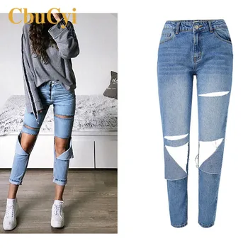 

Women's High Waist Jeans Pants Large Size Loose Straight Jeans Trousers Women Knee Hole Washed Denim Pants Streetwear Trousers